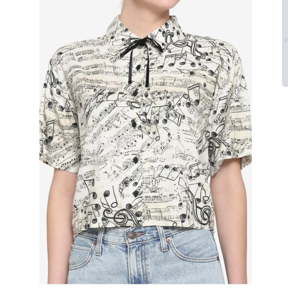 Hot Topic Musical Notes 3XL Body Crop Woven Collared Top Velvet Tie Button Up